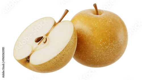 Whole and halved asian pears fruit isolated on a transparent background