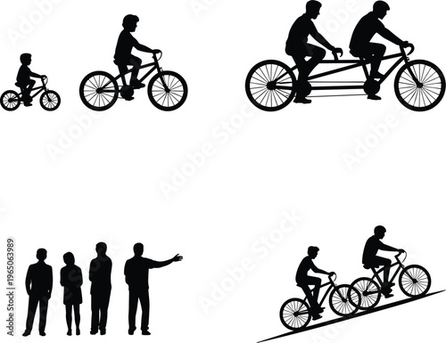 Cycling silhouettes, family riding bicycles, tandem bike, uphill cycling, human figures, teamwork, outdoor sport, lifestyle activity, flat vector illustration
