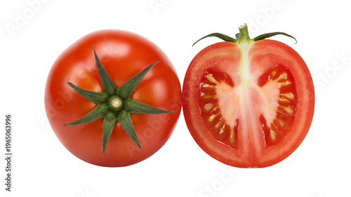 Whole and halved tomato isolated on a transparent background