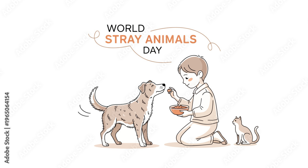 Fototapeta premium Illustration of a person kneeling and feeding a dog with a cat nearby on World Stray Animals Day with a design concept for awareness and animal welfare.
