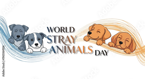 Illustration of World Stray Animals Day with cartoon dogs and cats in a vector design for awareness and animal rescue campaigns.
