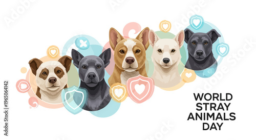 Vector illustration of five dogs' faces surrounded by colorful icons on World Stray Animals Day, promoting animal welfare and awareness with a heartwarming and protective mood.