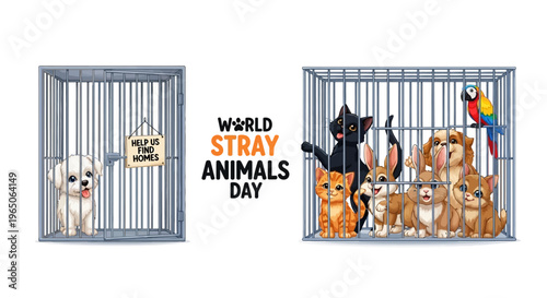 Illustration of animals in cages for World Stray Animals Day awareness campaign with vector graphics and colorful design elements on a white background.