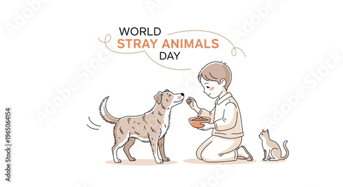 Illustration of a person kneeling and feeding a dog with a cat nearby on World Stray Animals Day with a design concept for awareness and animal welfare.