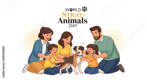 Illustration of a family with children and dogs celebrating World Stray Animals Day with a heartwarming scene of pet adoption awareness.