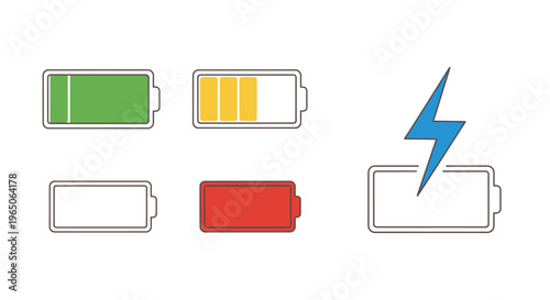 Battery level indicators and charging icon set isolated on white background, design elements