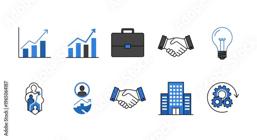 Business Icons Representing Growth, Collaboration, Ideas and Strategic Planning Elements