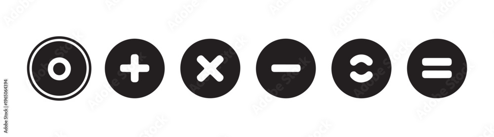 Obraz premium Horizontal row of circular math icons showing zero addition multiplication minus and division.
