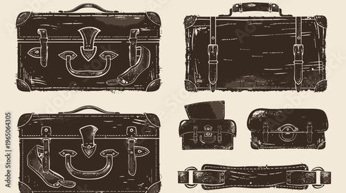 Sepia toned illustration of vintage suitcases and straps, textured and distressed