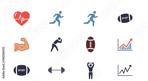 Iconic collection representing health, fitness, athleticism, and growth displayed on a white