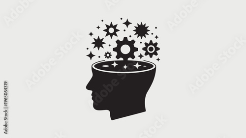 A creative mind with gears and stars coming out of a person's head, symbolizing innovation and imagination.