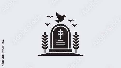 A serene and peaceful graveyard scene with a dove flying overhead