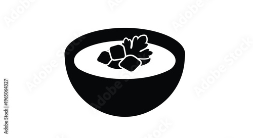 A simple black and white illustration of a bowl of soup with garnish