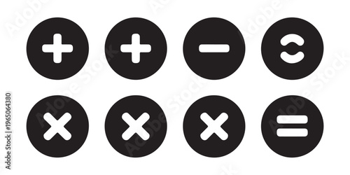 Mathematical operation icons in black circles including plus minus multiply divide and equal.