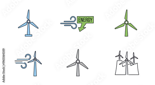 Illustrated Wind Turbine Icons Depicting Renewable Energy Sources and Environmental Conservation