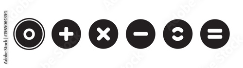 Horizontal row of circular math icons showing zero addition multiplication minus and division.
