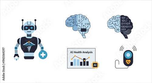 Illustration depicting AI healthcare technology, medical robots, and health analysis