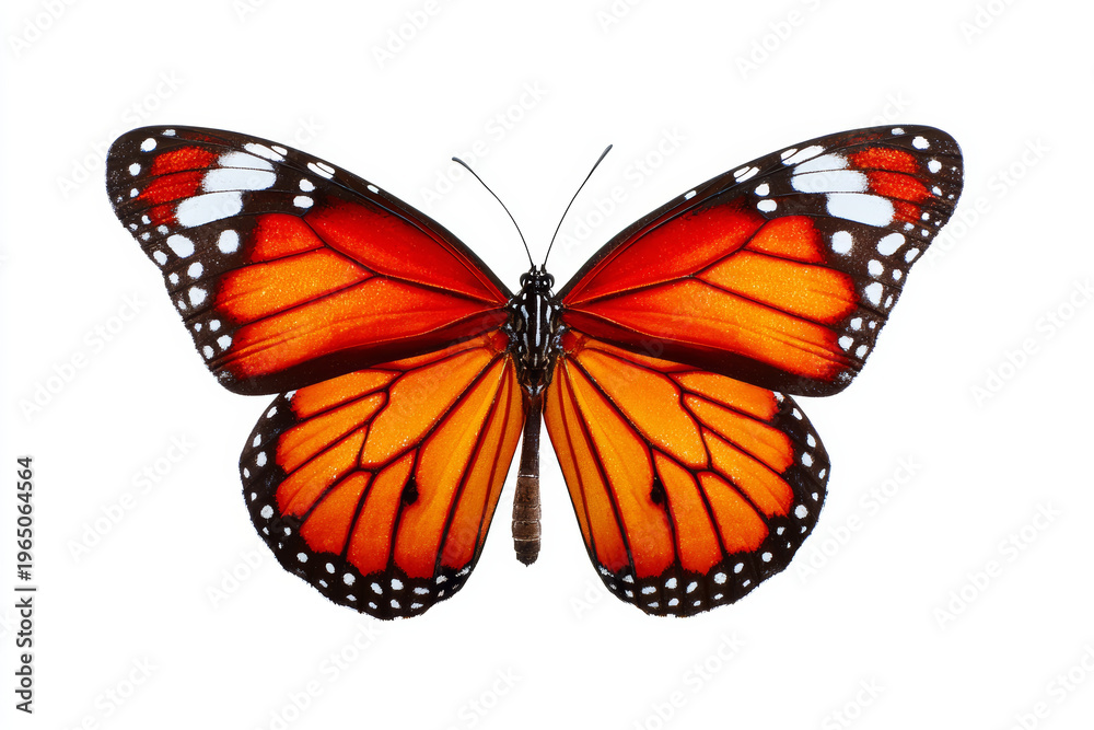 Obraz premium Orange butterfly monarch butterfly insect wing pattern symmetry nature isolated white background macro detail delicate wildlife colorful bright