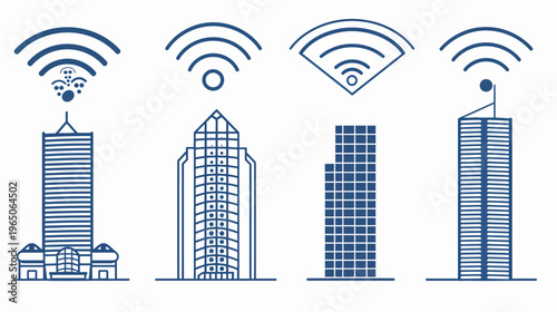 Four stylized blue buildings transmit wireless signals against a white backdrop