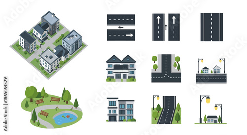 Isometric city illustrations, road depictions, building representations, and park layouts displayed