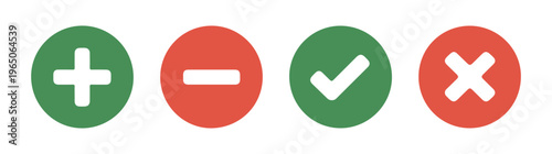 Circular flat web icons with plus minus checkmark and cross symbols in green and red colors.