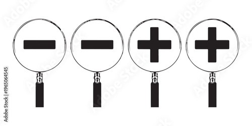 Set of four magnifying glasses with zoom in and zoom out icons for search tools and analysis.