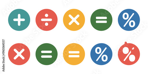 Collection of mathematical operation icons in colorful circles for education and calculation.