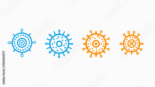 Stylized depiction of four round spiky shapes, two blue, two orange, on white