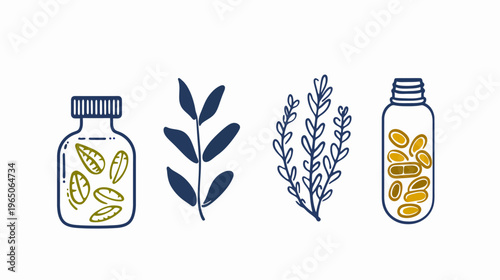 Herbs, pills, and leafy branches illustration on a clean white background