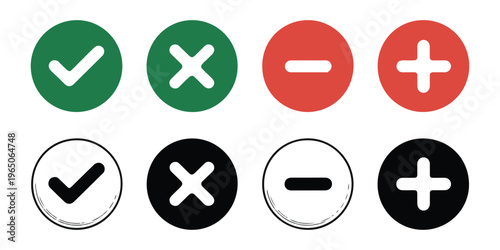 Checkmark and cross signs, minus and plus buttons. approve reject vector set with outlines and colors.