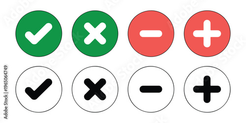 Checkmark and cross signs, minus and plus buttons. approve reject vector set with outlines and colors.