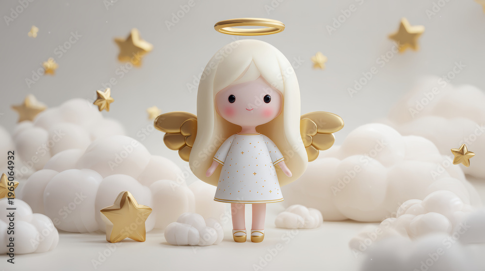 Fototapeta premium Cute angel doll golden wing halo cloud star white dress kawaii fantasy character toy cartoon