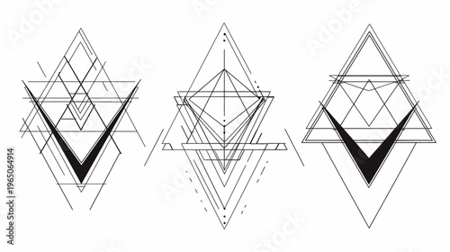 Three abstract, geometric designs composed of overlapping triangles and lines