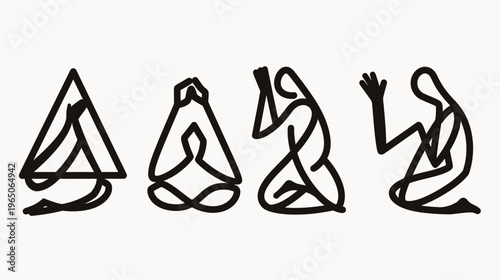 Four abstract yoga poses in black lines on white background, minimalist design