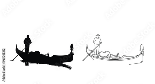 Venetian gondolier and gondola illustrations in black and white