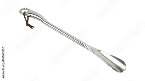 Long handled metal shoehorn with leather strap isolated on transparent PNG