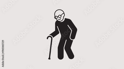 An elderly man with a cane and a smile on his face is depicted in a simple black and white illustration.