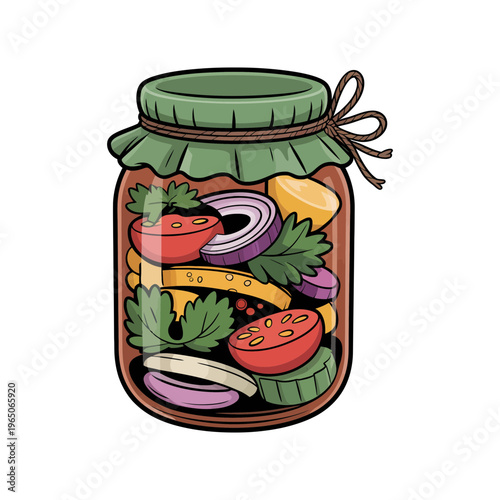 A jar of colorful vegetables and herbs in a cartoon illustration style