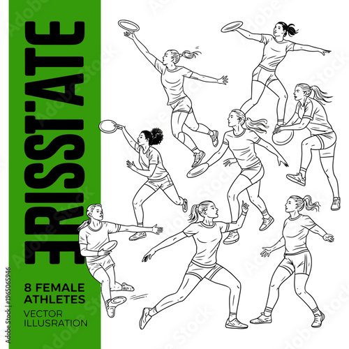 Female athlete vector illustration of frisbee players in action poses