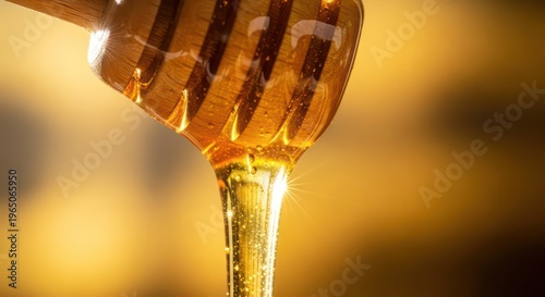 Golden Honey Dripping from Wooden Dipper Close-up Macro Shot.