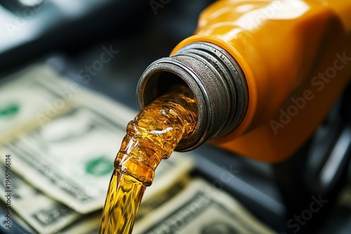 Gas pump nozzle pouring oil with money, symbolizing the connection between the energy sector and financial growth, Generative AI