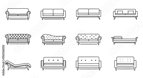 Collection of various sofa and couch line art illustrations