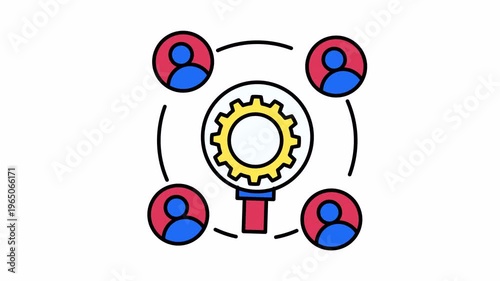 Four people connected by networking with gear system. Suitable for technology, teamwork, and business concepts in design projects.