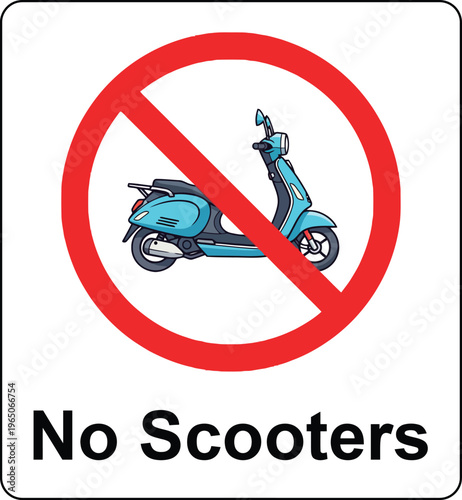 No Scooters Prohibition Sign with Blue Motorbike Illustration and Text on White Background