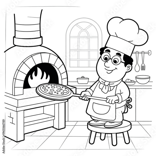 Cute cartoon chef baking pizza in stone oven coloring page vector, kitchen scene for kids education