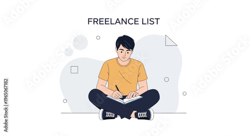 Young Man Freelancer Writing Notes in Notebook, Working Remotely