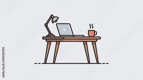 A simple workspace setup with a laptop, lamp, and coffee cup on a wooden desk