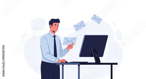 Man sending emails from computer, digital communication concept, modern office illustration