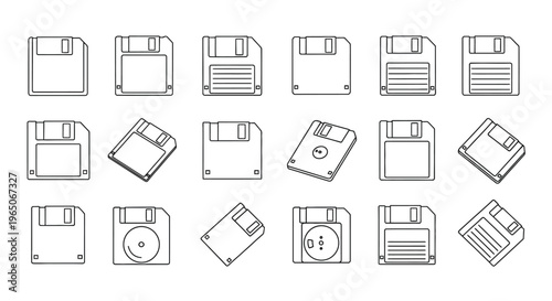 A collection of vintage 3 5 inch floppy disks in black and white