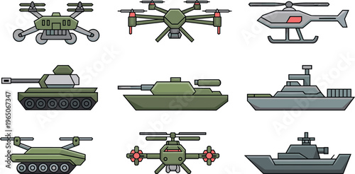 Military vehicle collection, cartoon style drones, helicopter, tanks, naval ship, armored combat technology illustration set, flat design defense transport assets